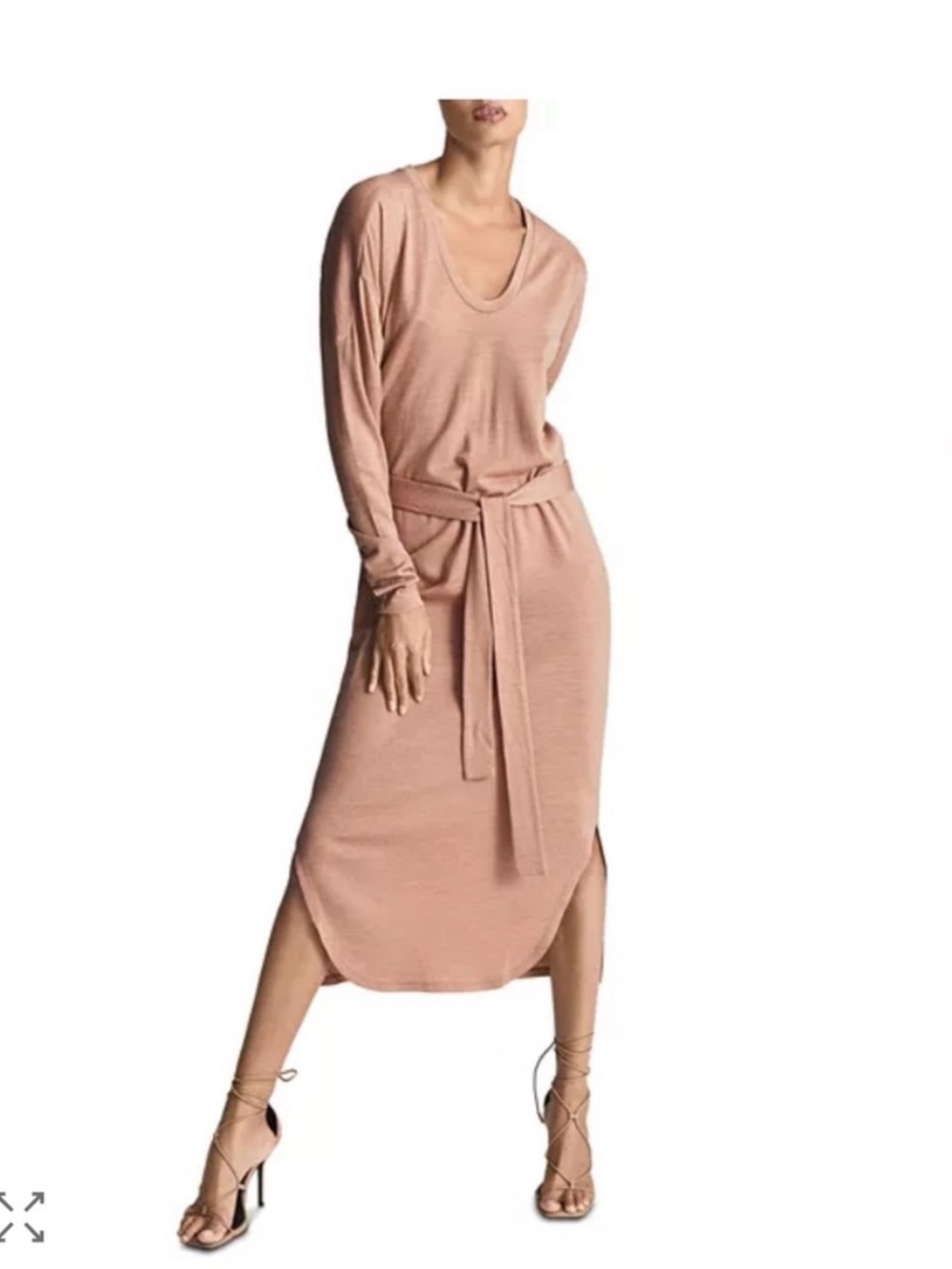 Reiss Blush Rose Tan Jersey Midi Dress with Waist Tie